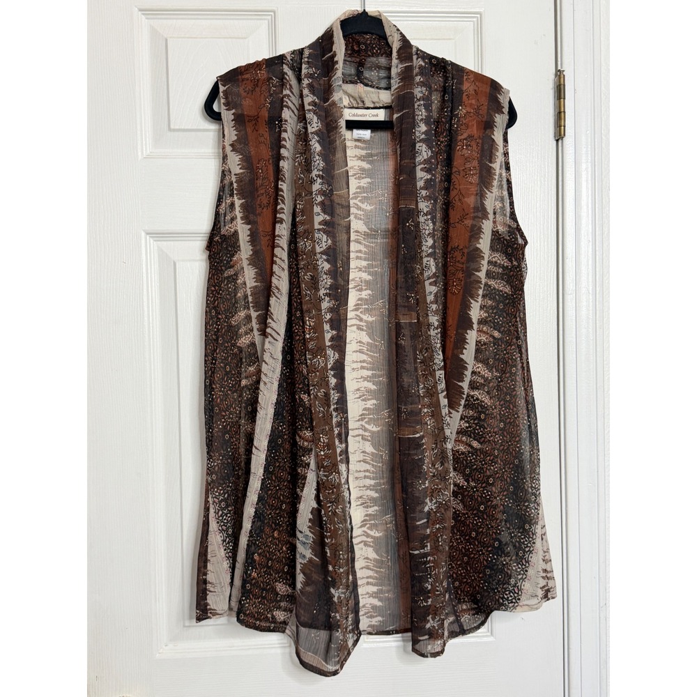 Coldwater Creek Sheer Open Front Vest Brown Floral Stripe Boho L XL